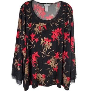 Catherines Shirt Tunic Top Womens Plus size 5X Black Red LS Floral Popover